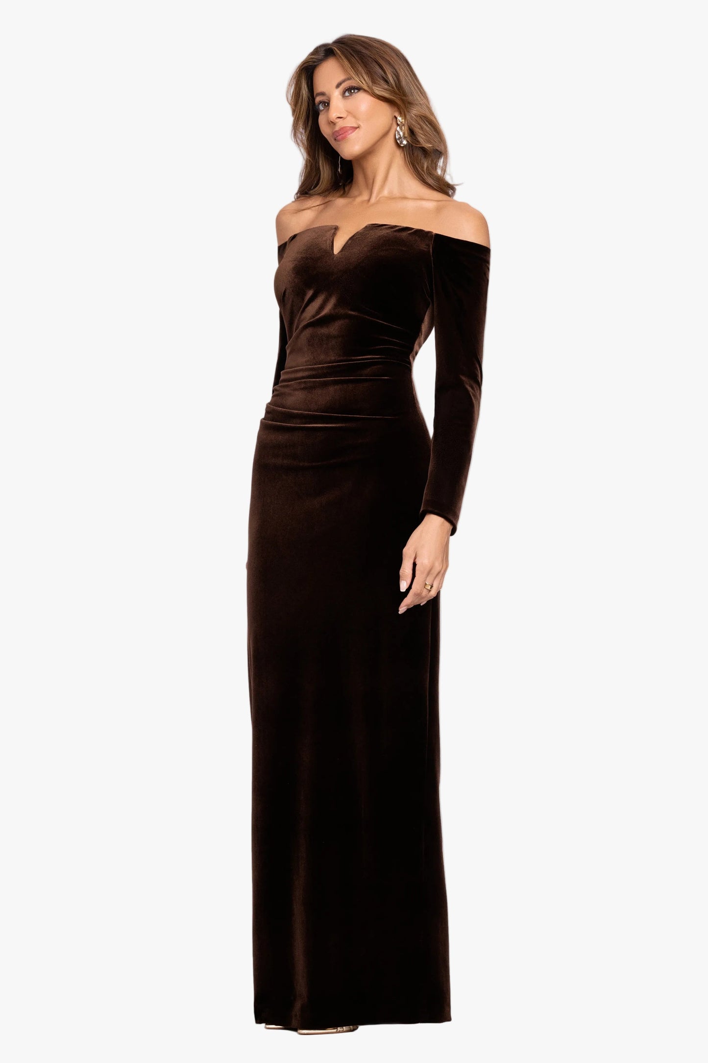 "Christy" Off the Shoulder Velvet Dress Brown XSCAPE