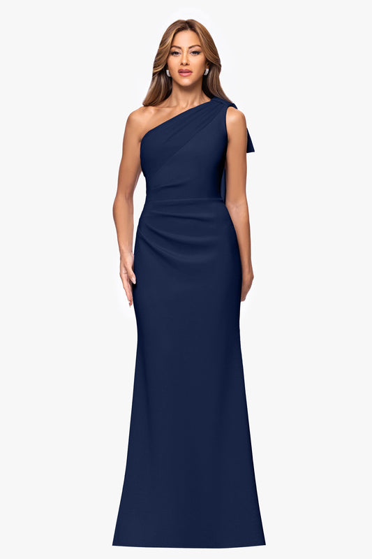 Petite "Gwen" Techno Scuba One Shoulder Sash Dress Midnight XSCAPE
