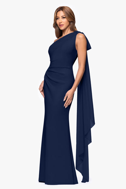 Petite "Gwen" Techno Scuba One Shoulder Sash Dress Midnight XSCAPE