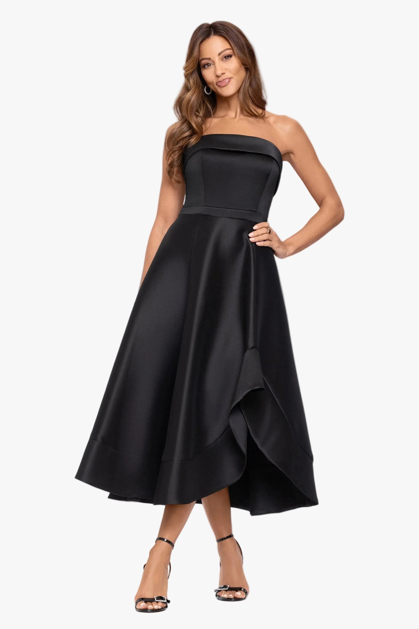 "Claire" Stretch Mikado Strapless Midi Dress Black XSCAPE
