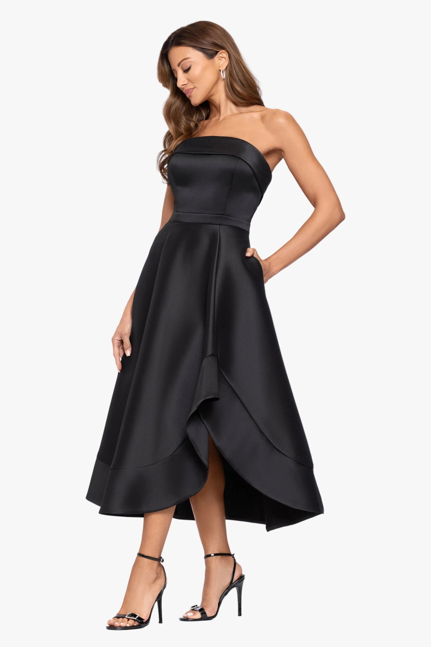 "Claire" Stretch Mikado Strapless Midi Dress Black XSCAPE