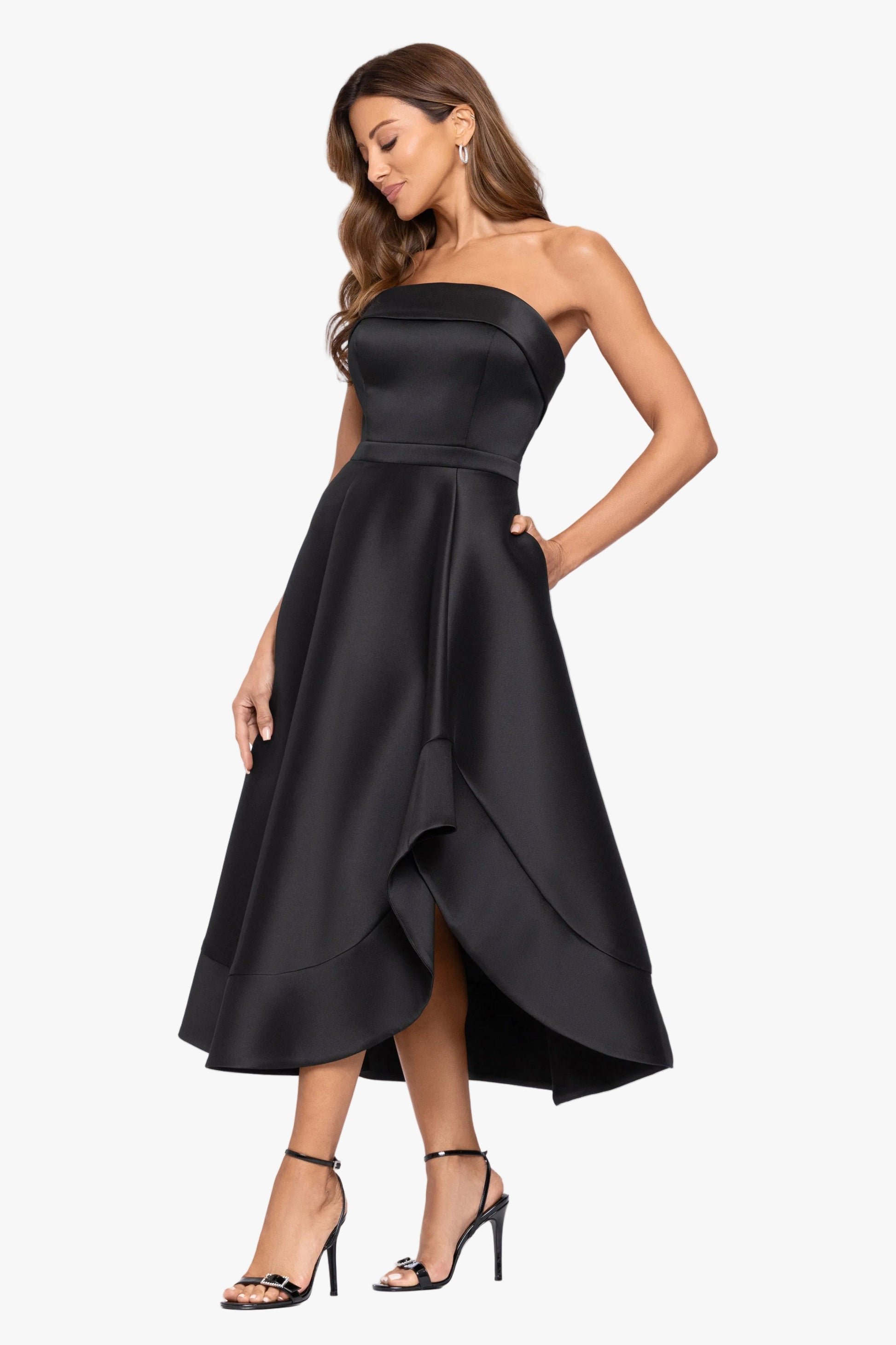 "Claire" Stretch Mikado Strapless Midi Dress Black XSCAPE