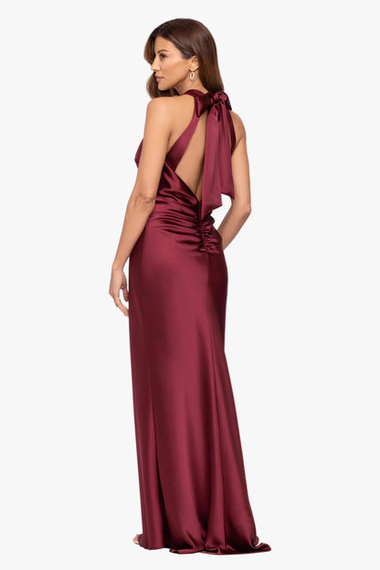 "Jade" Satin Tie Neck Ruched Dress Wine XSCAPE