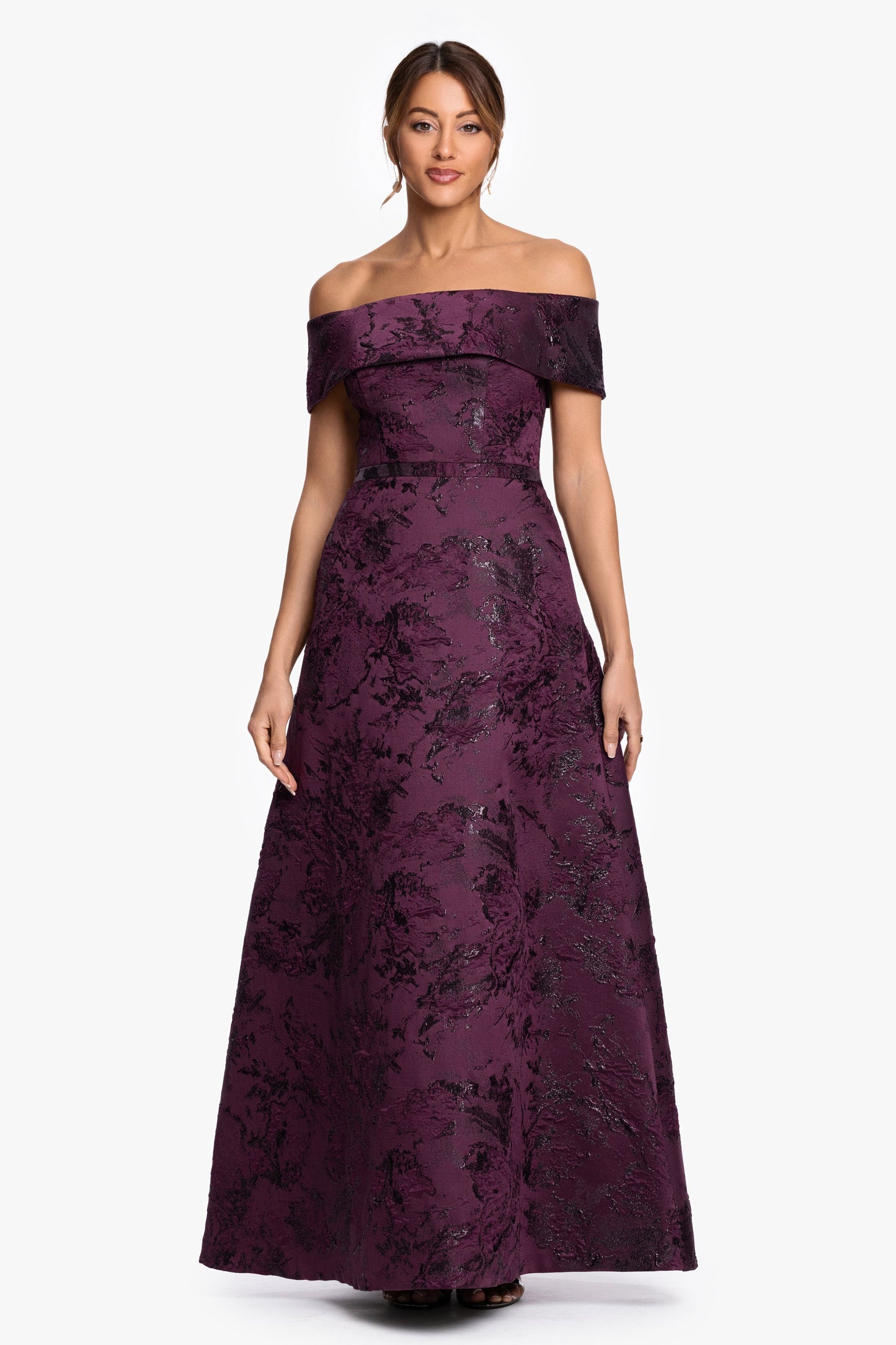 Petite "Emily" Printed Brocade Off The Shoulder Gown Plum XSCAPE
