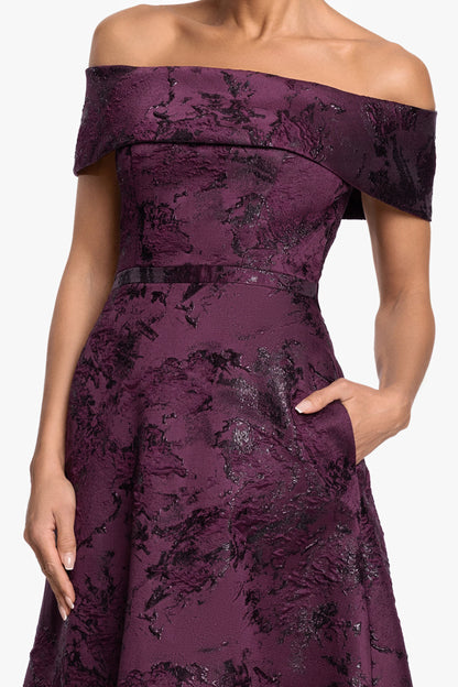 Petite "Emily" Printed Brocade Off The Shoulder Gown Plum XSCAPE