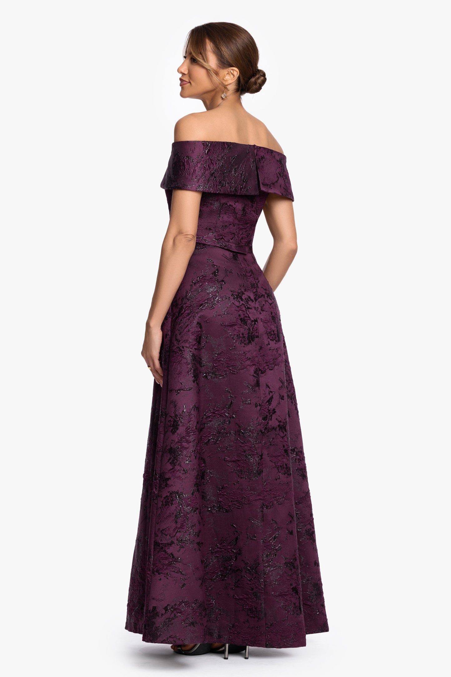 Petite "Emily" Printed Brocade Off The Shoulder Gown Plum XSCAPE