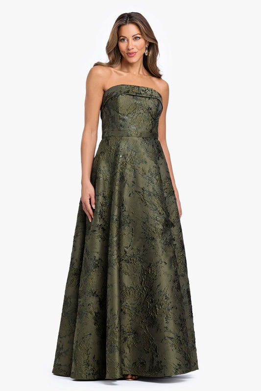 "Nadine" Brocade Strapless Gown Olive XSCAPE