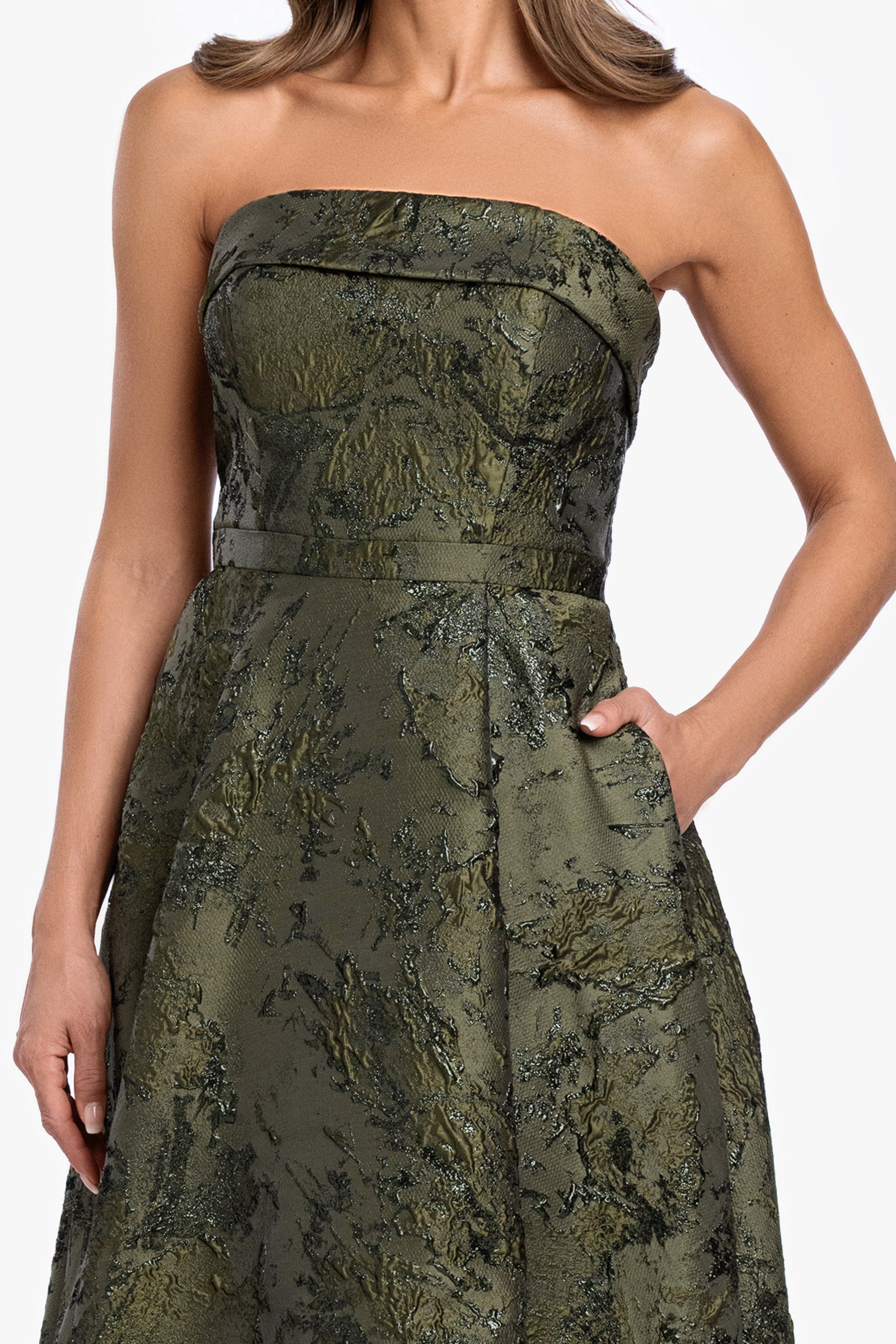 "Nadine" Brocade Strapless Gown Olive XSCAPE