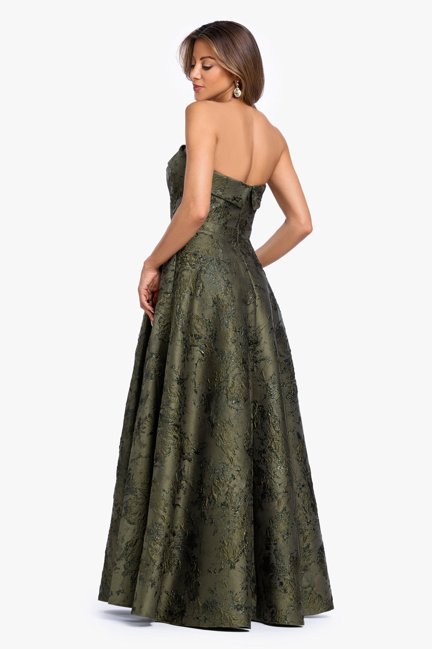 "Nadine" Brocade Strapless Gown Olive XSCAPE