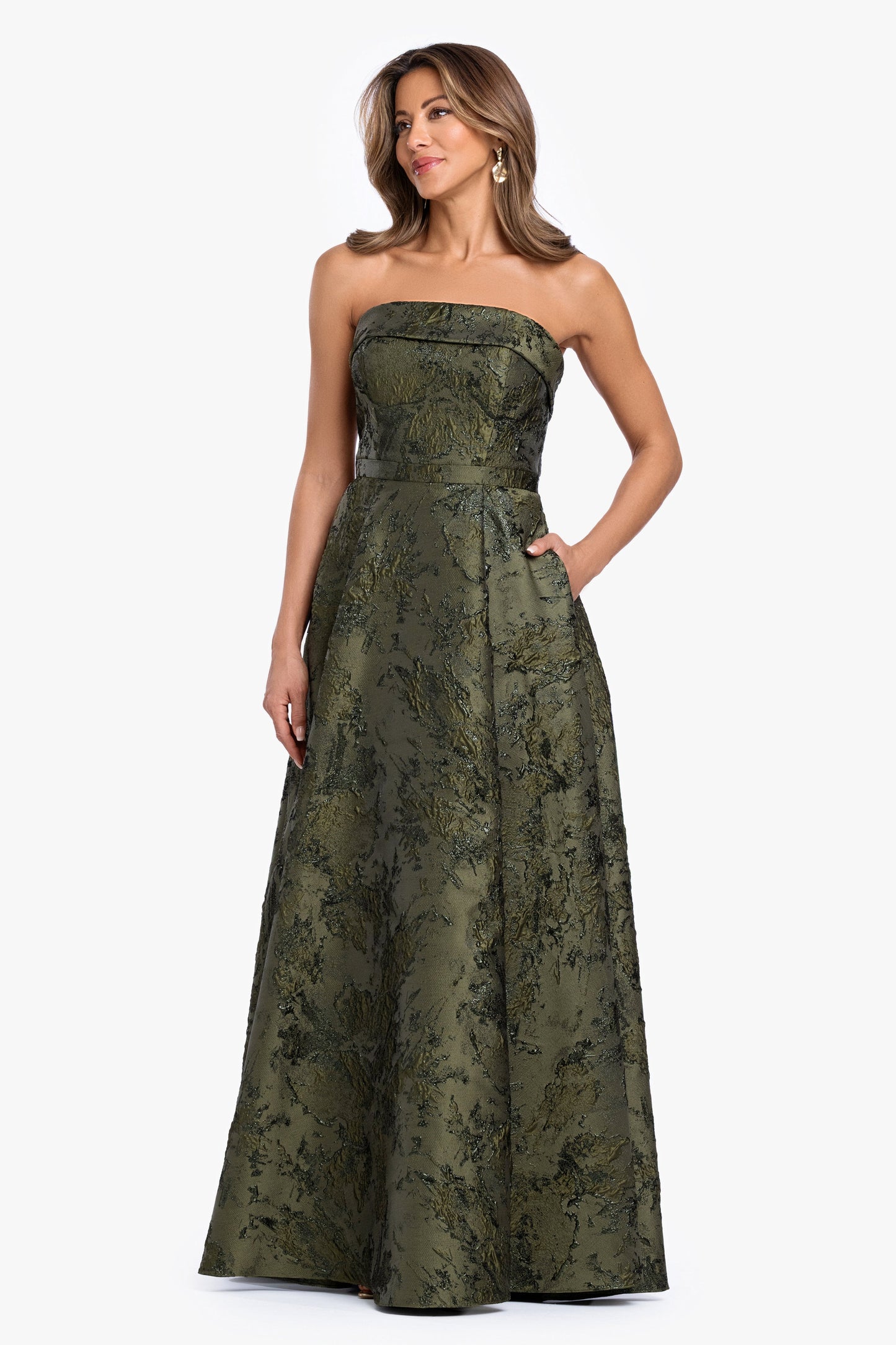 "Nadine" Brocade Strapless Gown Olive XSCAPE