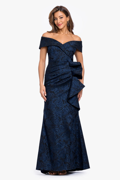 "Bonnie" Brocade Off The Shoulder Side Ruffle Navy/Black XSCAPE