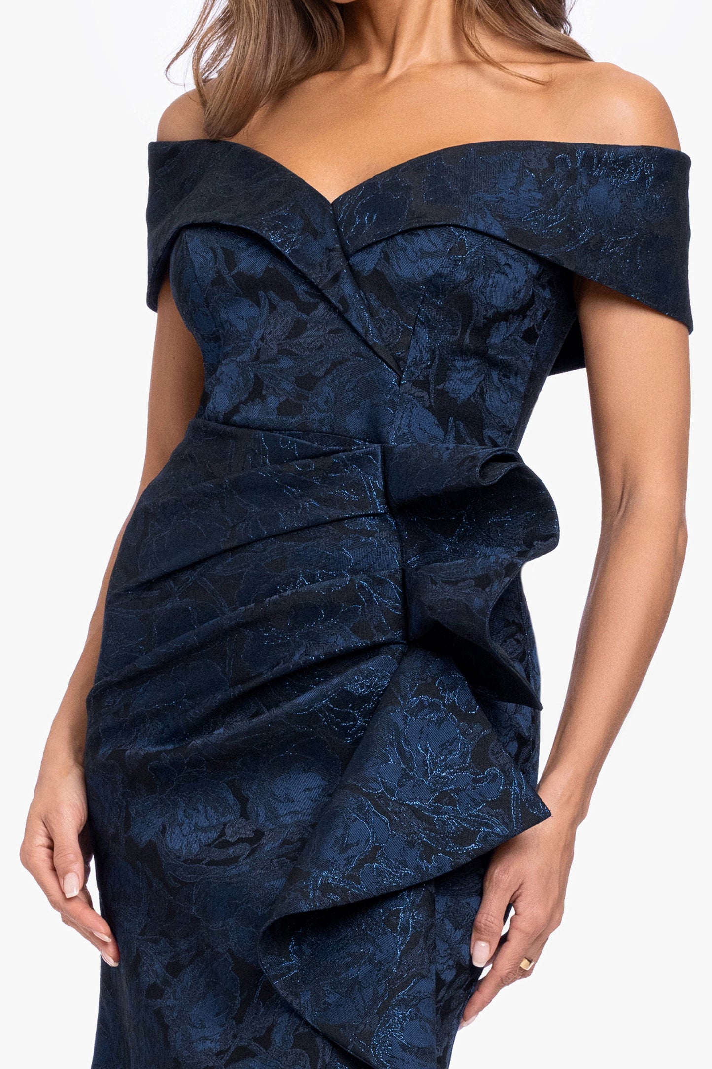 "Bonnie" Brocade Off The Shoulder Side Ruffle Navy/Black XSCAPE