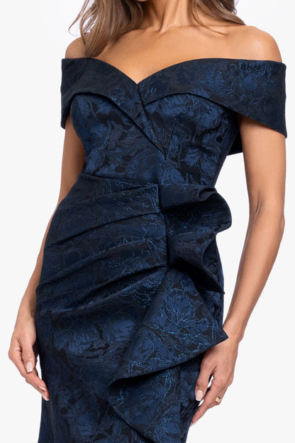 "Bonnie" Brocade Off The Shoulder Side Ruffle Navy/Black XSCAPE