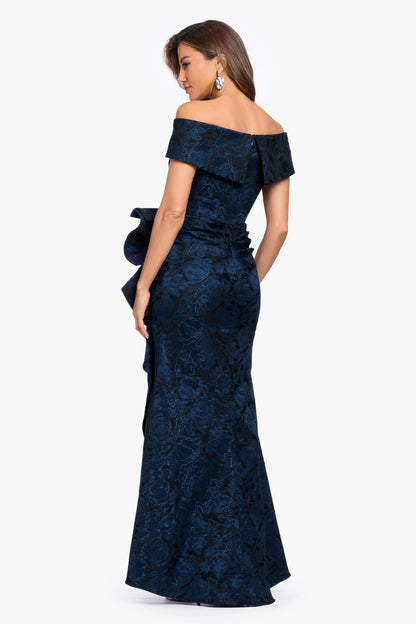 "Bonnie" Brocade Off The Shoulder Side Ruffle Navy/Black XSCAPE