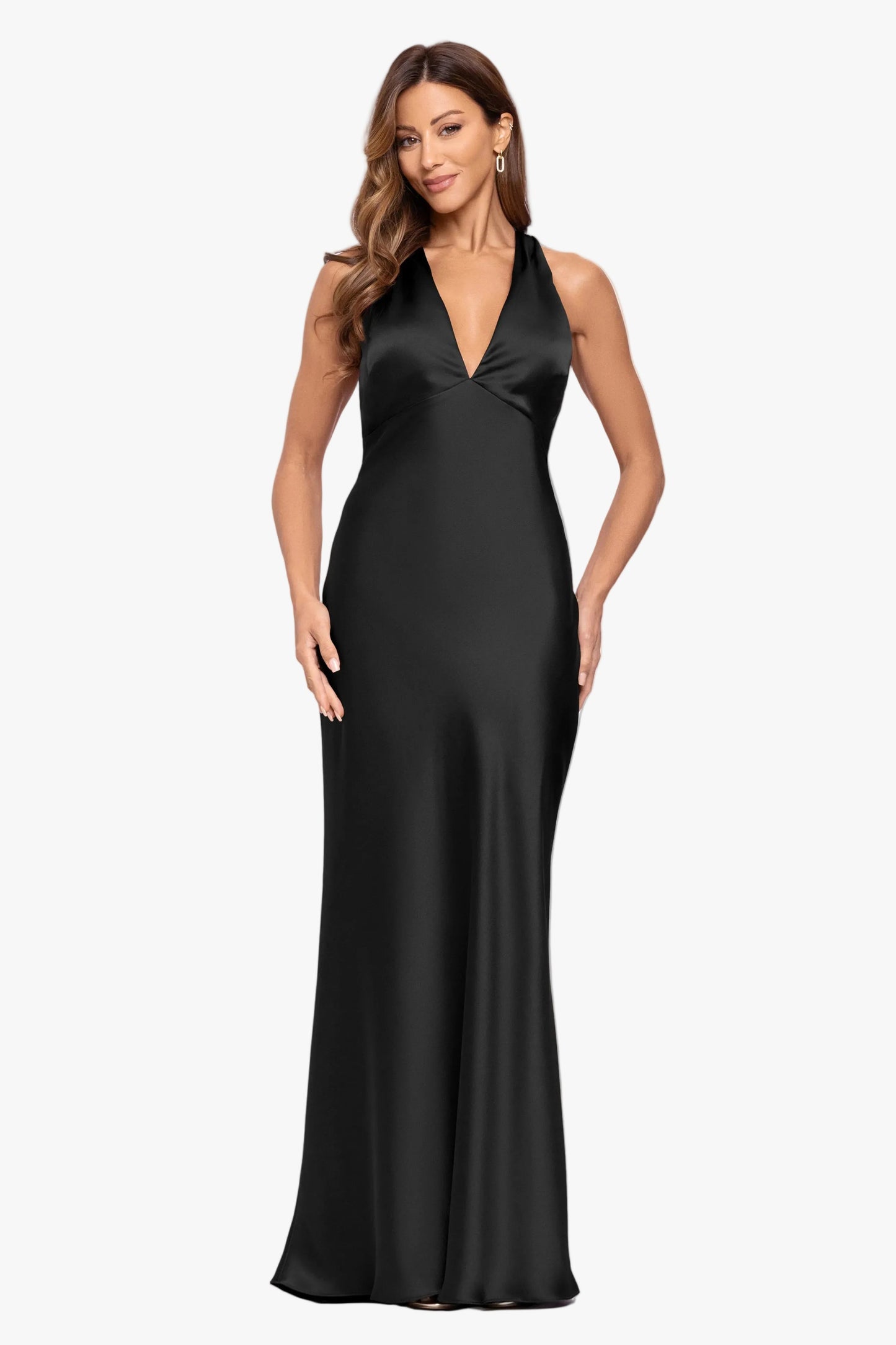 "Jade" Satin Tie Neck Ruched Dress Black XSCAPE