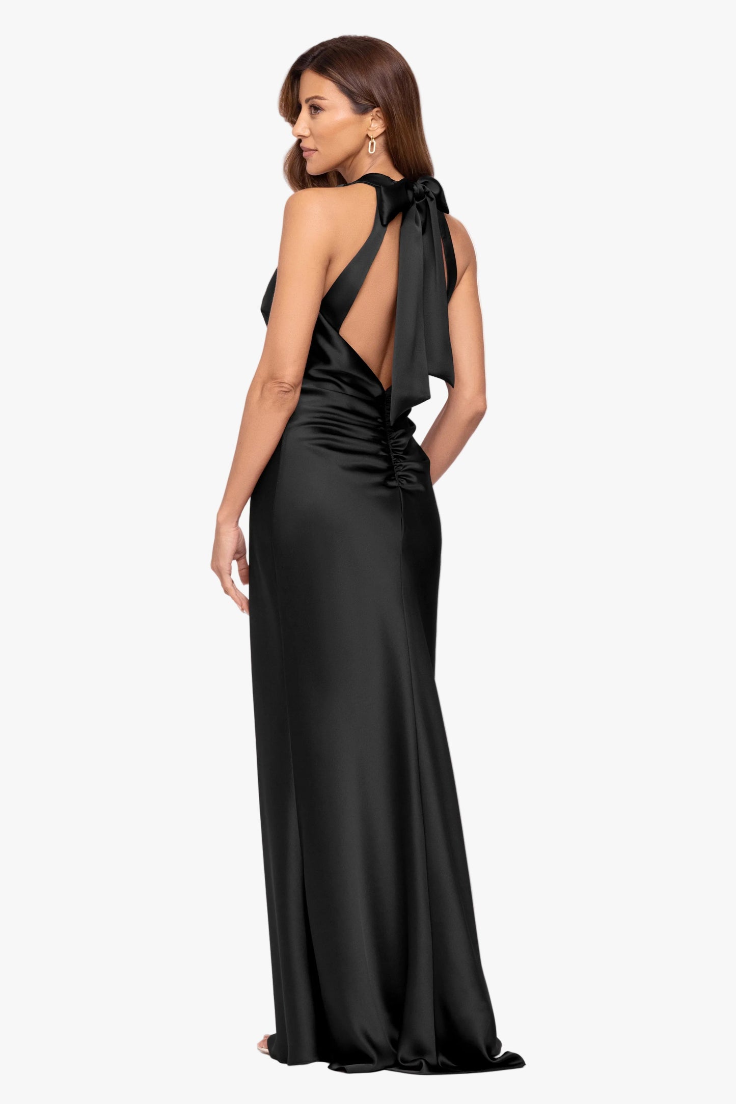 "Jade" Satin Tie Neck Ruched Dress Black XSCAPE