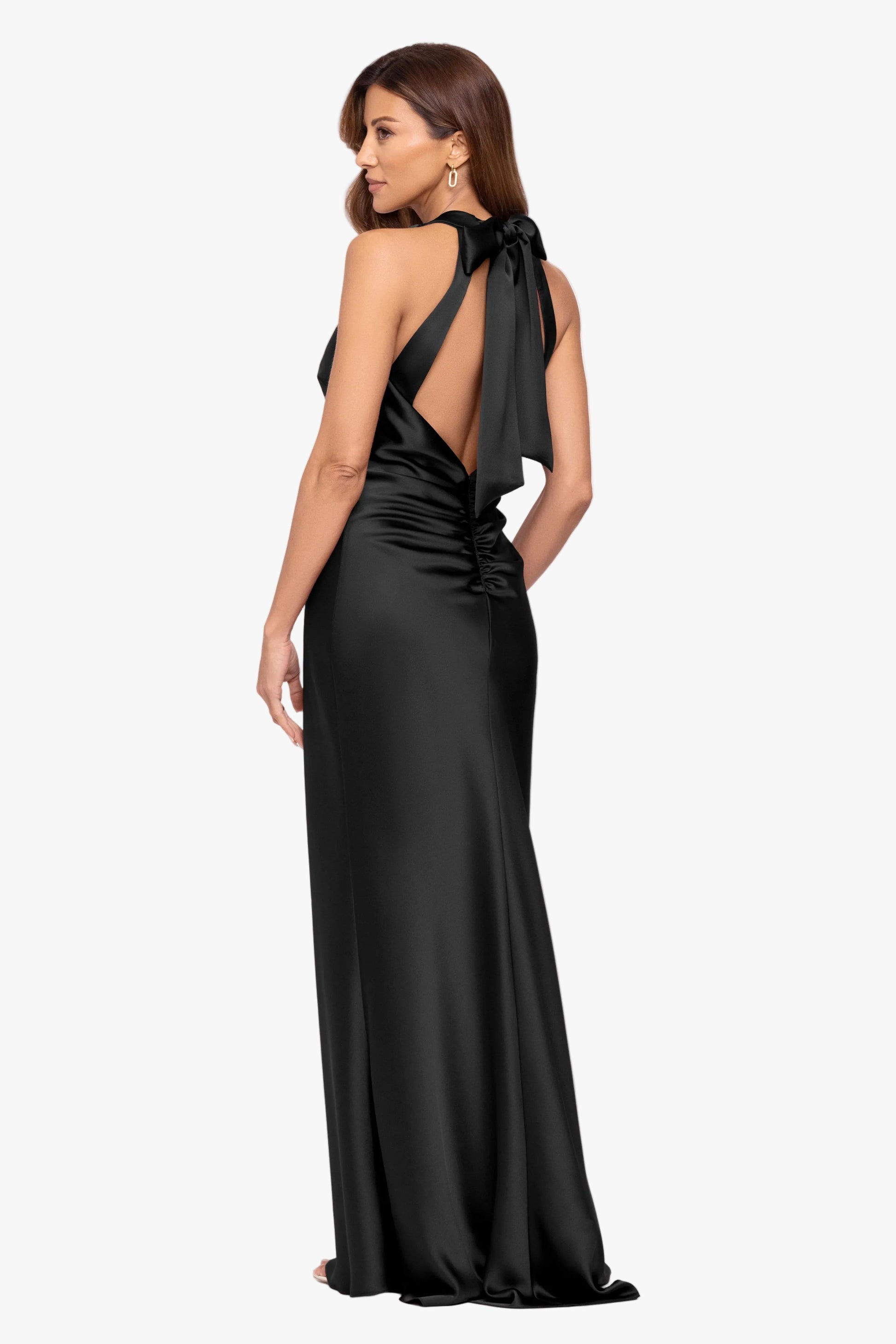 "Jade" Satin Tie Neck Ruched Dress Black XSCAPE