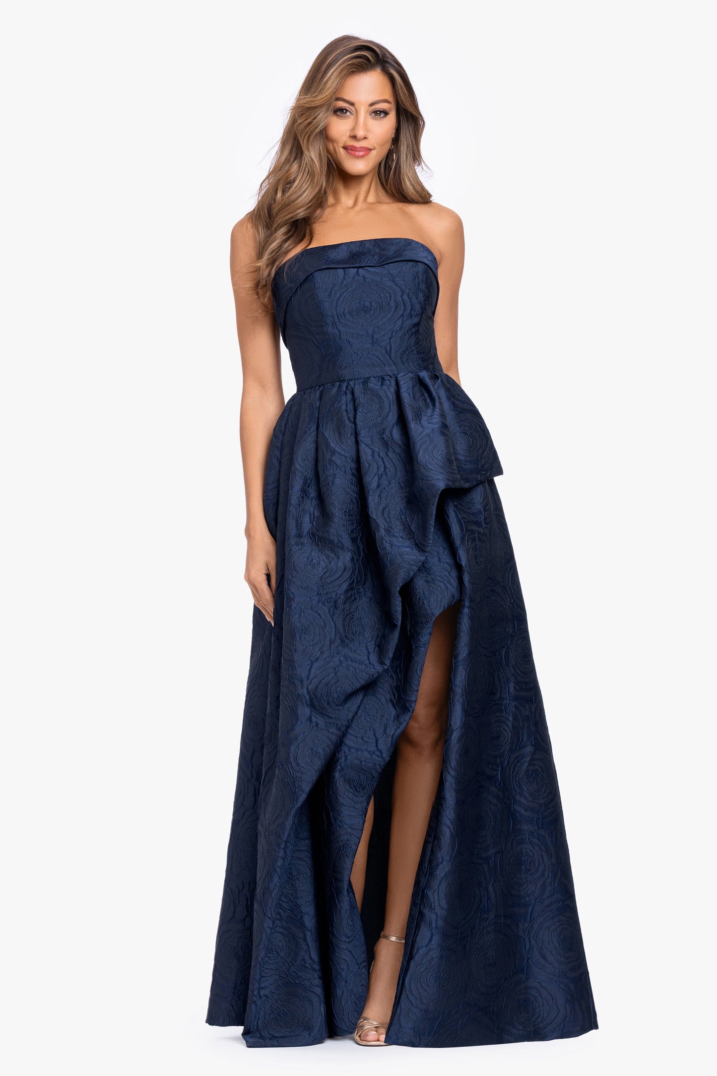 "Theo" Brocade Strapless Ruffle Dress Navy XSCAPE