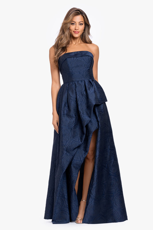 "Theo" Brocade Strapless Ruffle Dress Navy XSCAPE