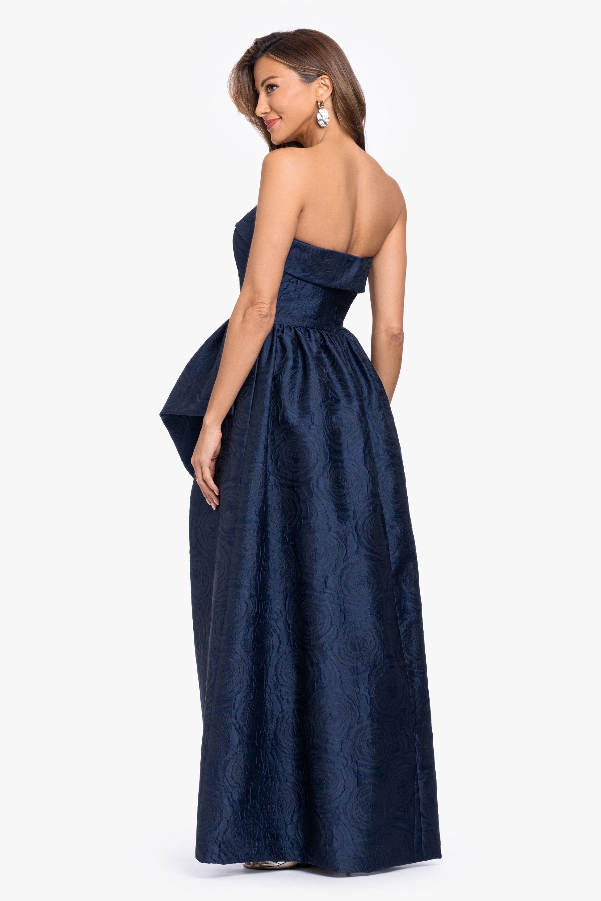 "Theo" Brocade Strapless Ruffle Dress Navy XSCAPE