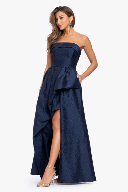 "Theo" Brocade Strapless Ruffle Dress Navy XSCAPE