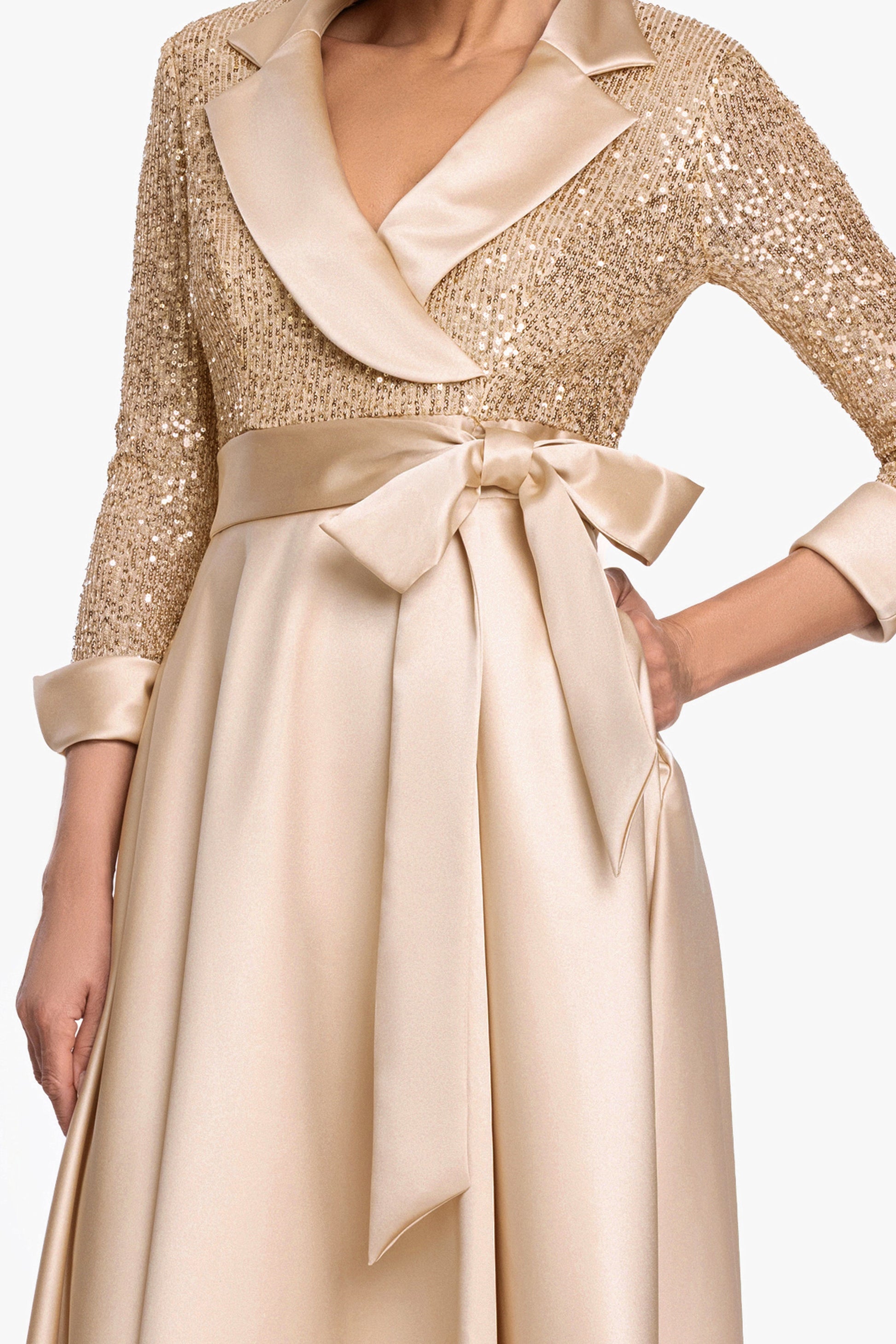 "Megan" Tuxedo Sequin & Lamour Satin Ballgown Gold XSCAPE