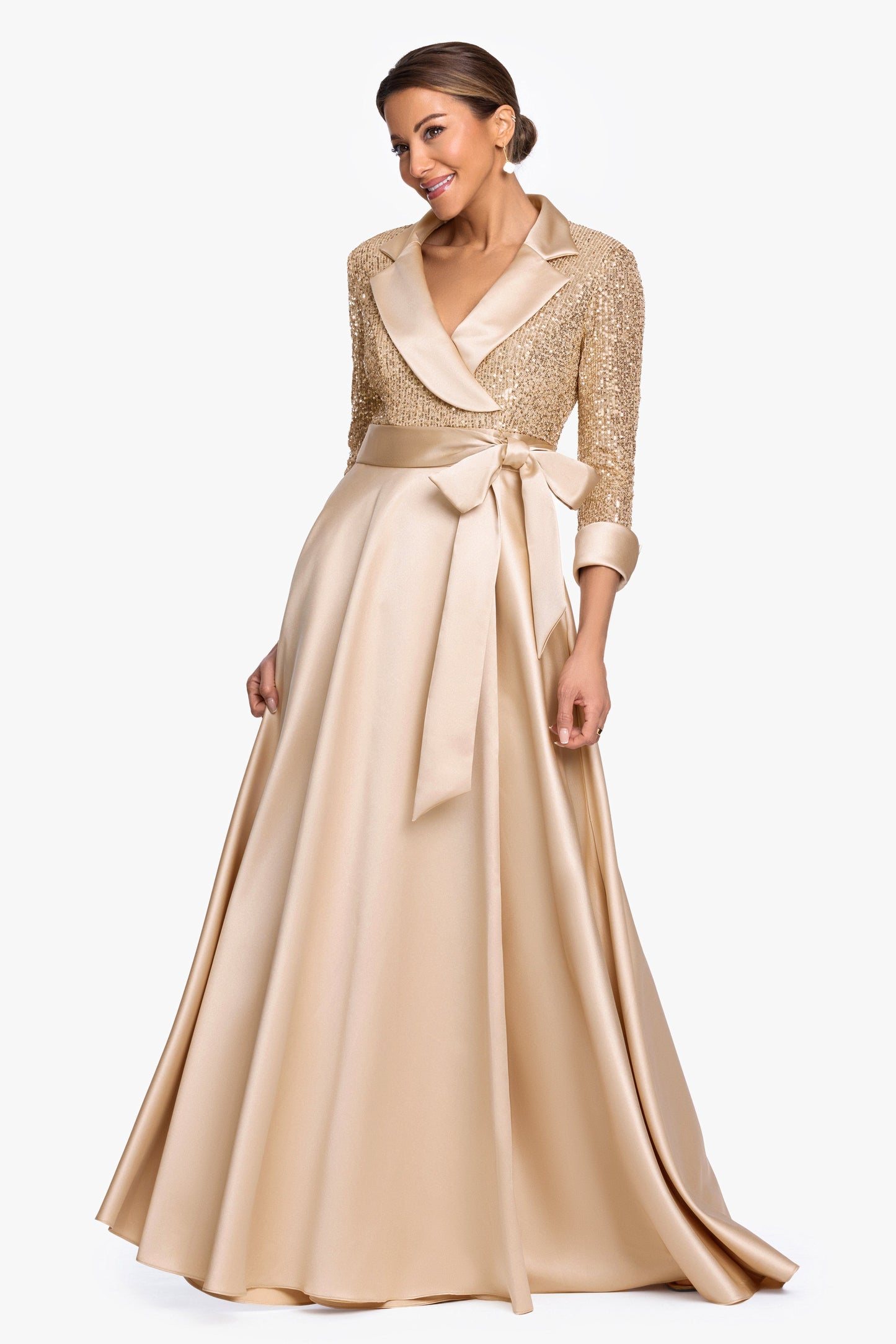 "Megan" Tuxedo Sequin & Lamour Satin Ballgown Gold XSCAPE
