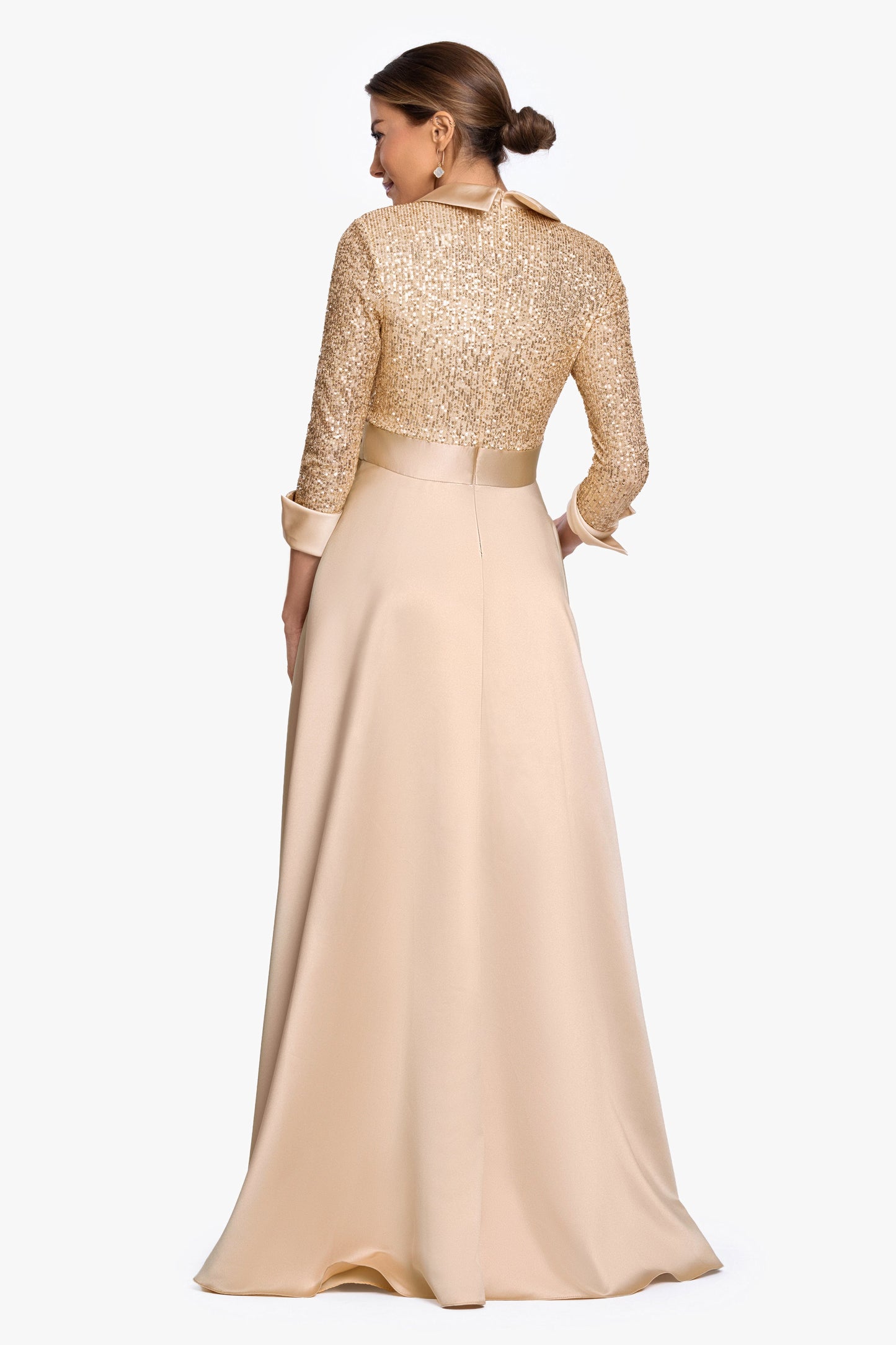 "Megan" Tuxedo Sequin & Lamour Satin Ballgown Gold XSCAPE