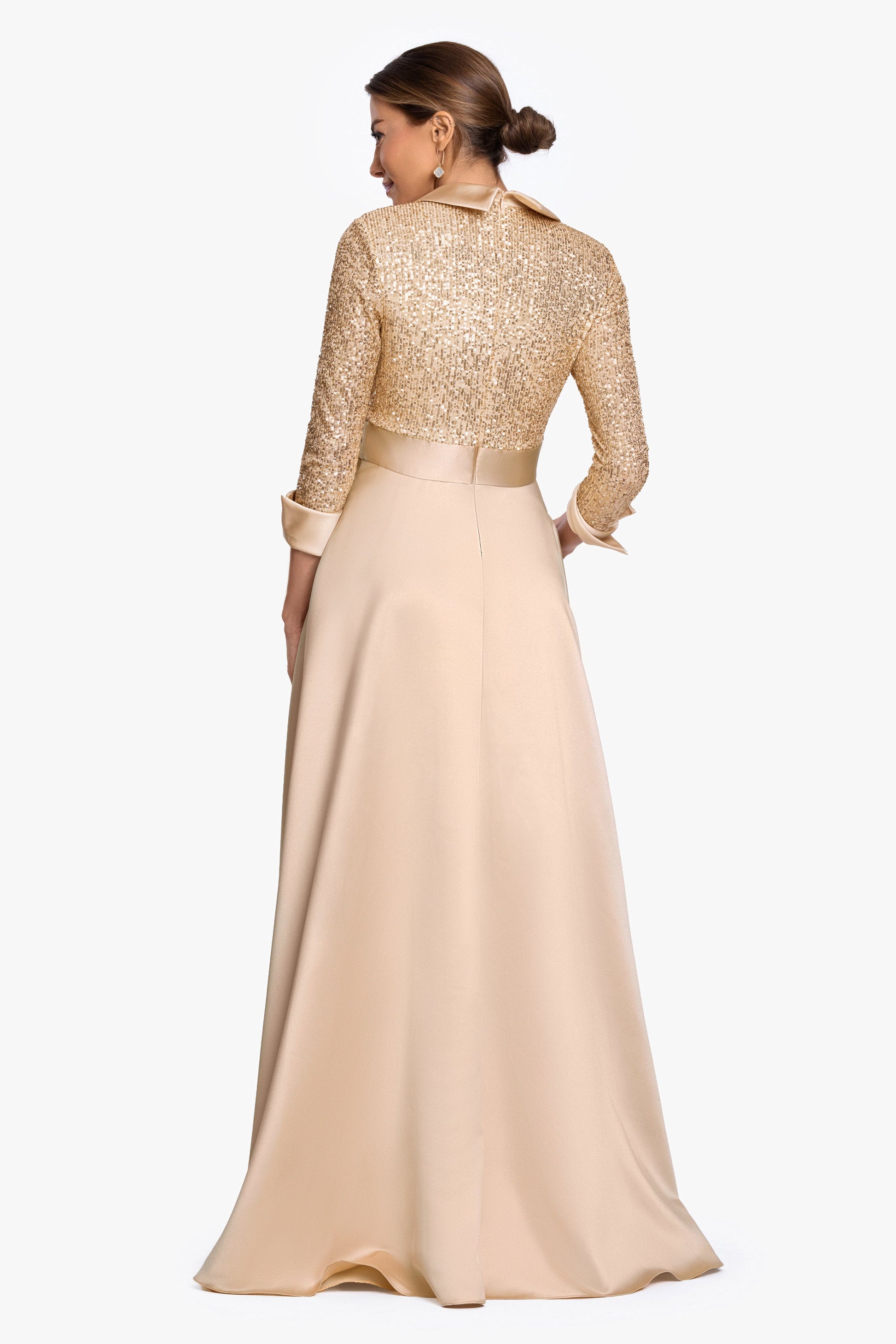 "Megan" Tuxedo Sequin & Lamour Satin Ballgown Gold XSCAPE