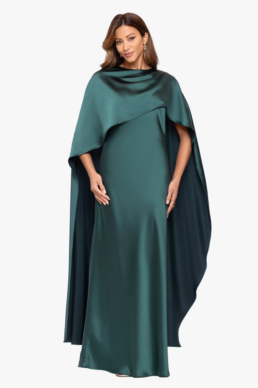 "Tallulah" Satin Overlay Cape Dress Hunter XSCAPE