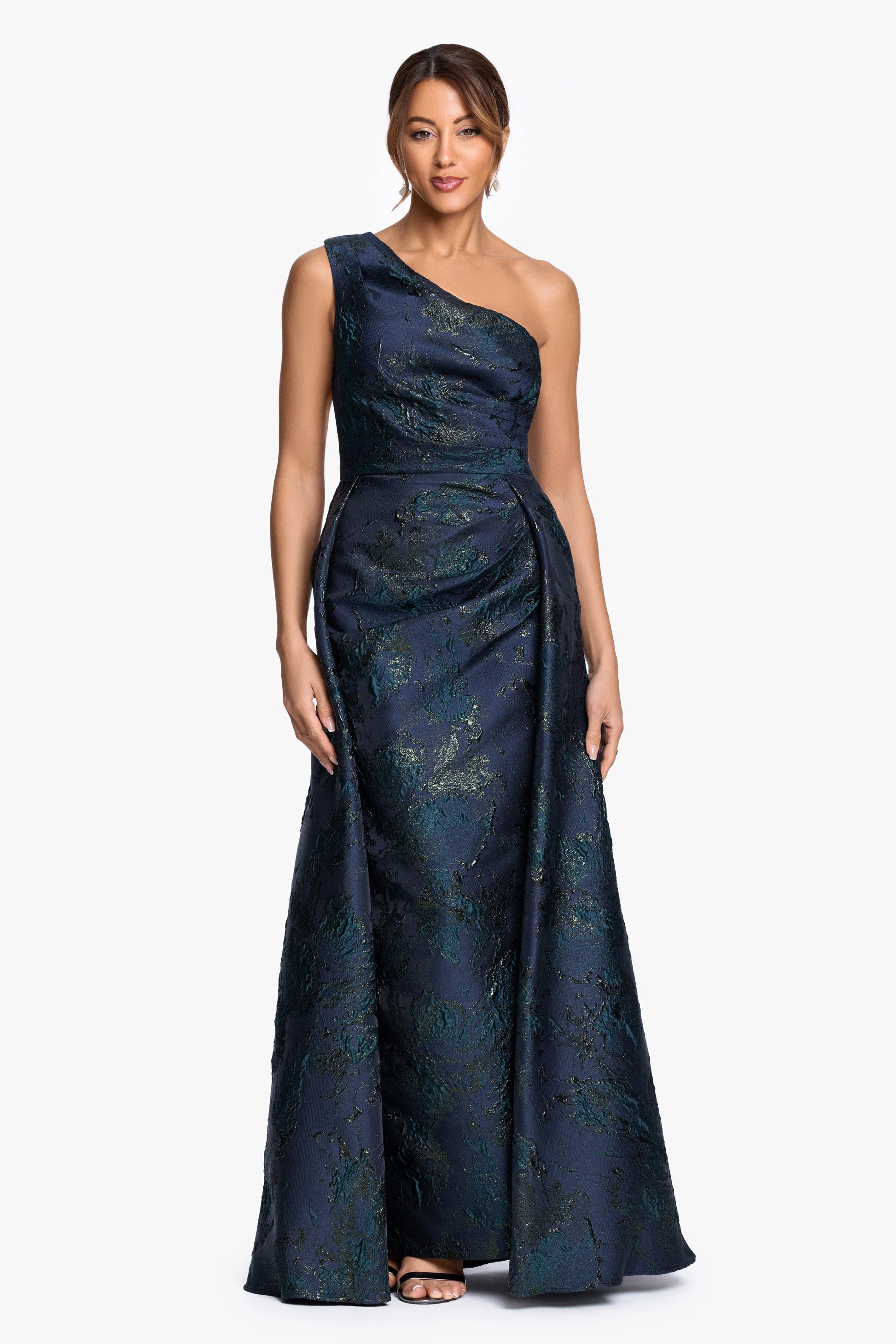 "Piper" Brocade One Shoulder Gown Navy/Green XSCAPE
