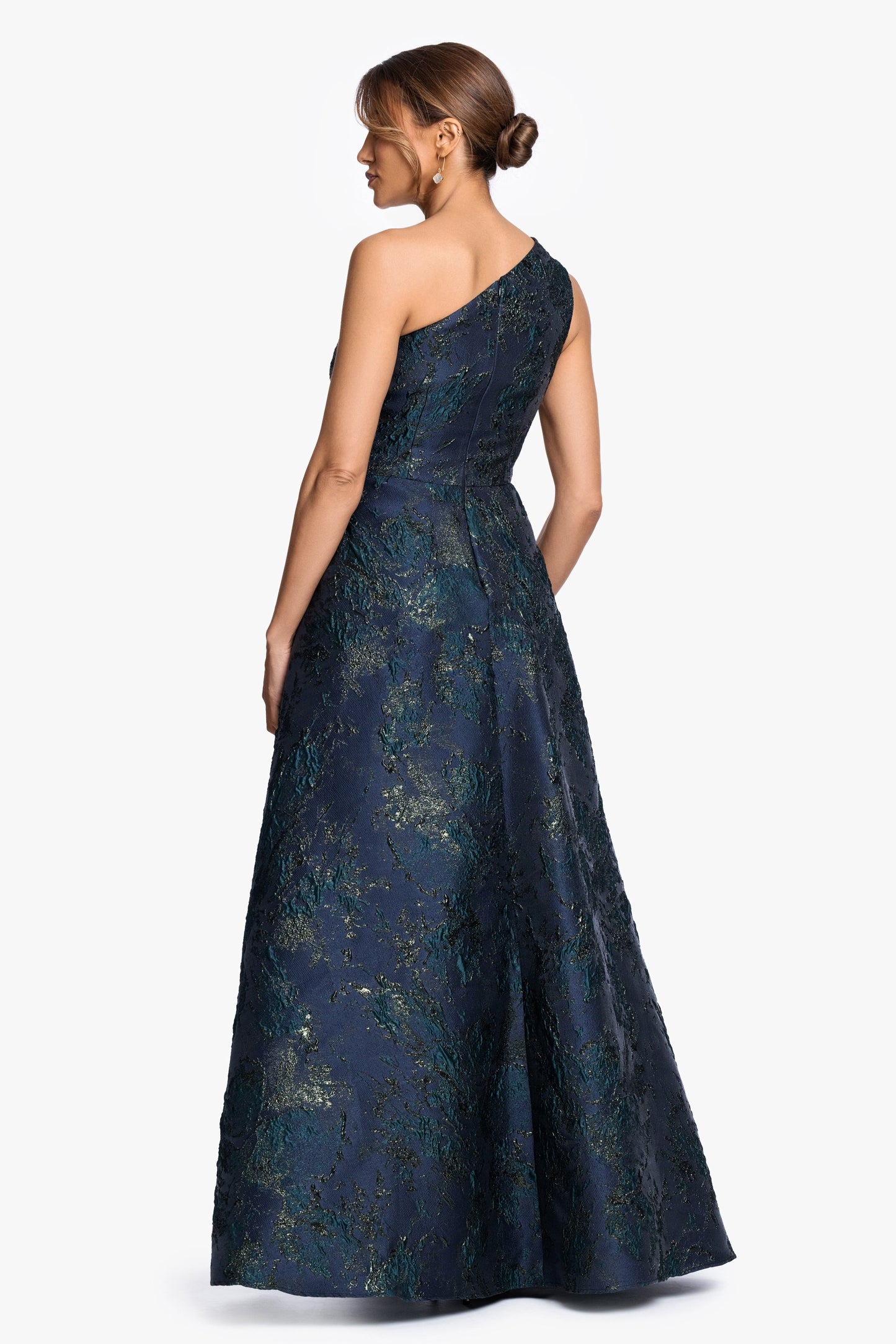 "Piper" Brocade One Shoulder Gown Navy/Green XSCAPE