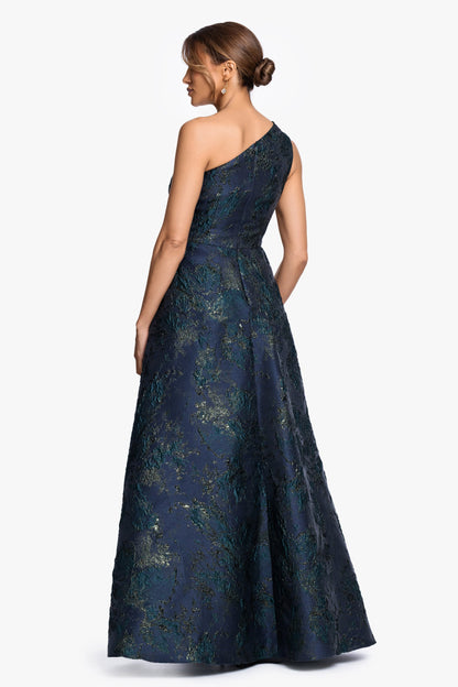 "Piper" Brocade One Shoulder Gown Navy/Green XSCAPE
