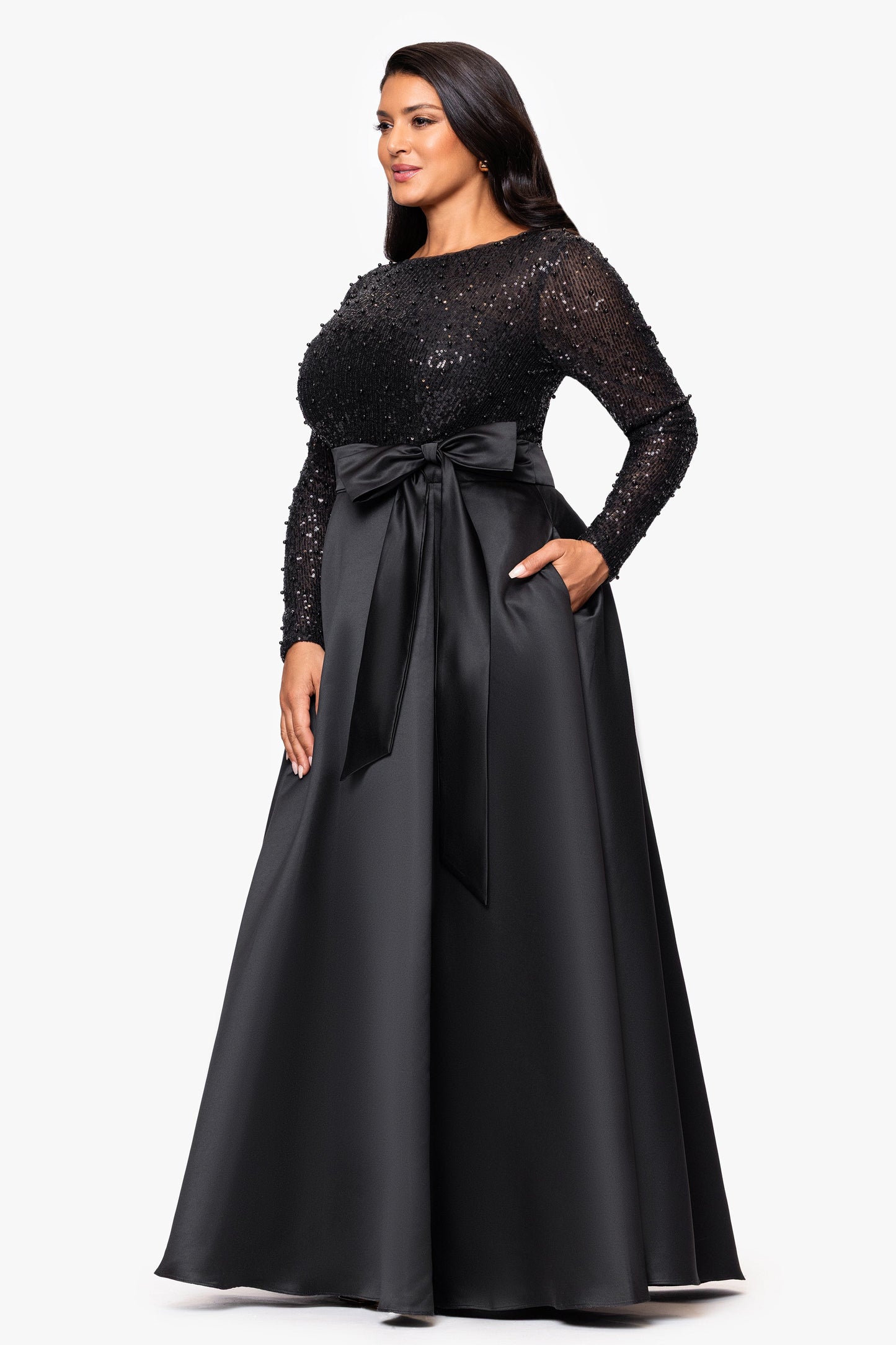 Plus "Amanda" Sequin Top & Satin Skirt Dress Black XSCAPE