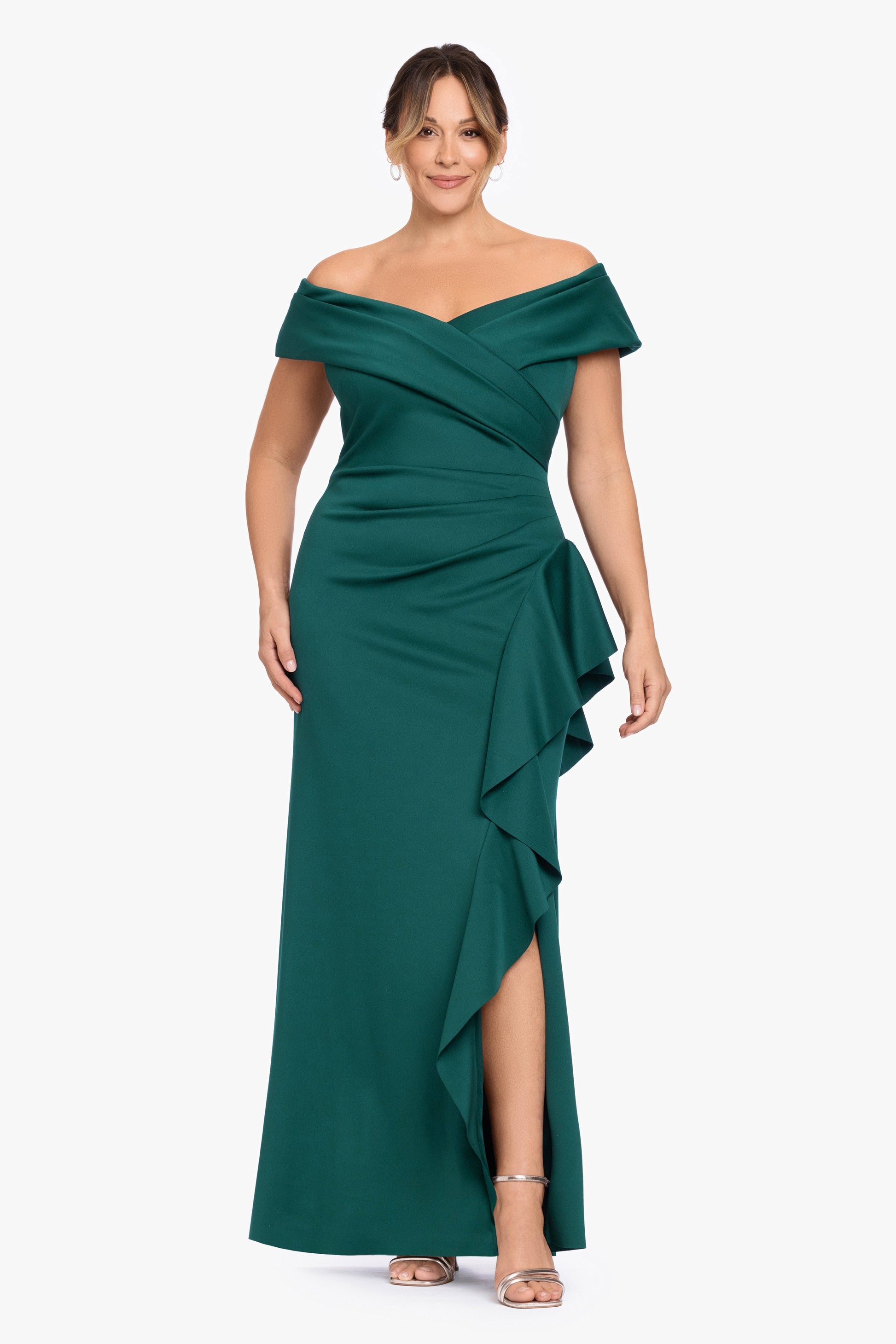Plus "Pearl" Techno Scuba Off the Shoulder Ruffle Dress Hunter XSCAPE