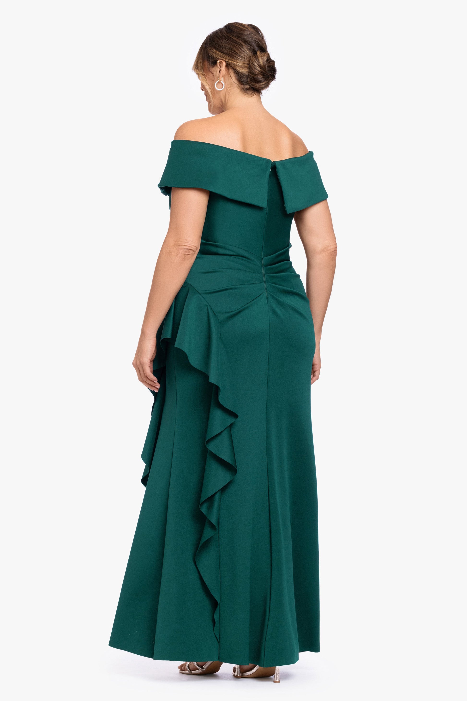 Plus "Pearl" Techno Scuba Off the Shoulder Ruffle Dress Hunter XSCAPE