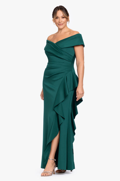 Plus "Pearl" Techno Scuba Off the Shoulder Ruffle Dress Hunter XSCAPE