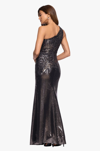 "Aubrey" Sequin One Shoulder Placement Dress Gunmetal XSCAPE