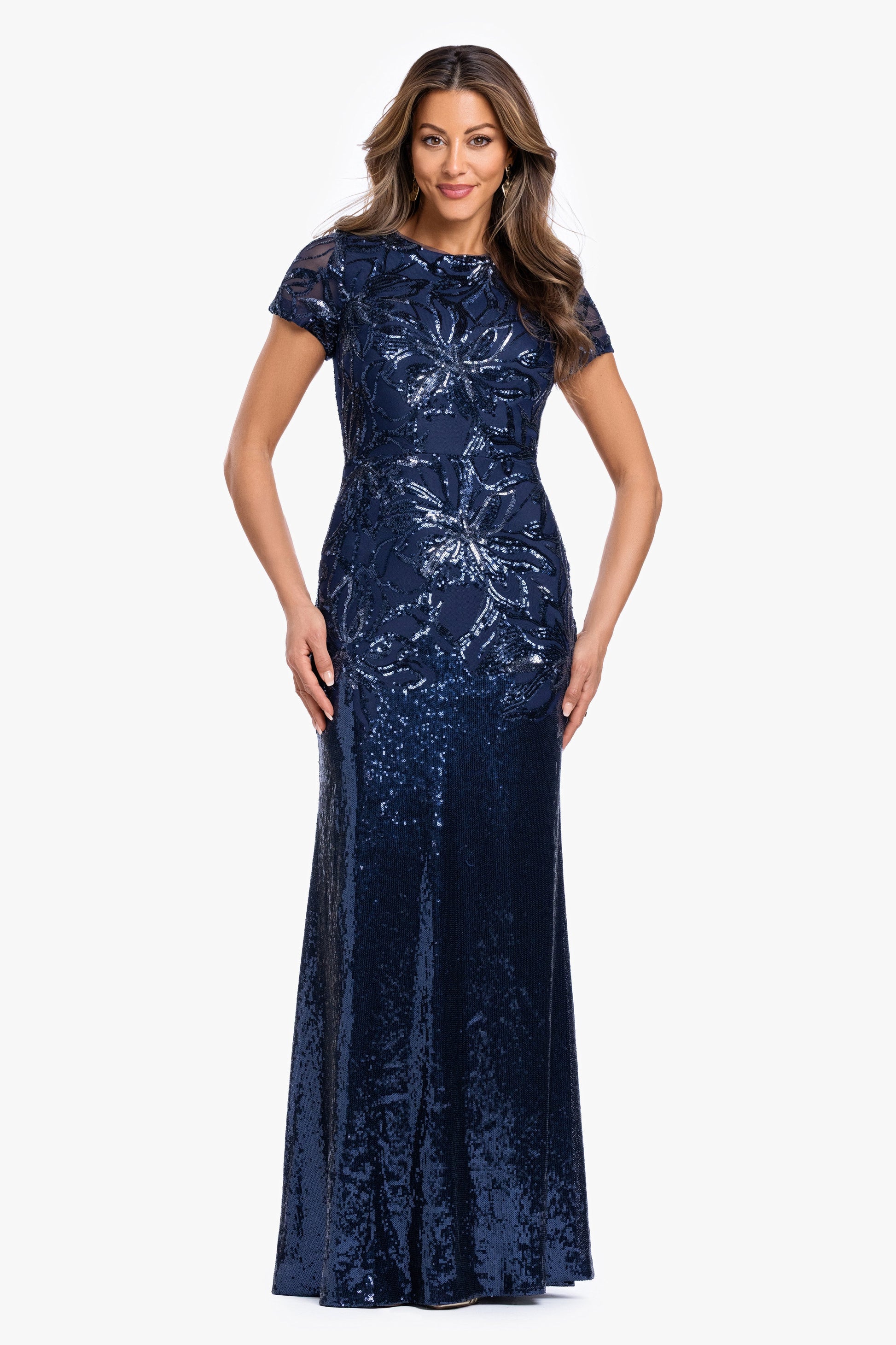 "Violet" Sequin Cap Sleeve Gown Navy XSCAPE