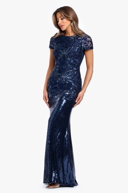 "Violet" Sequin Cap Sleeve Gown Navy XSCAPE