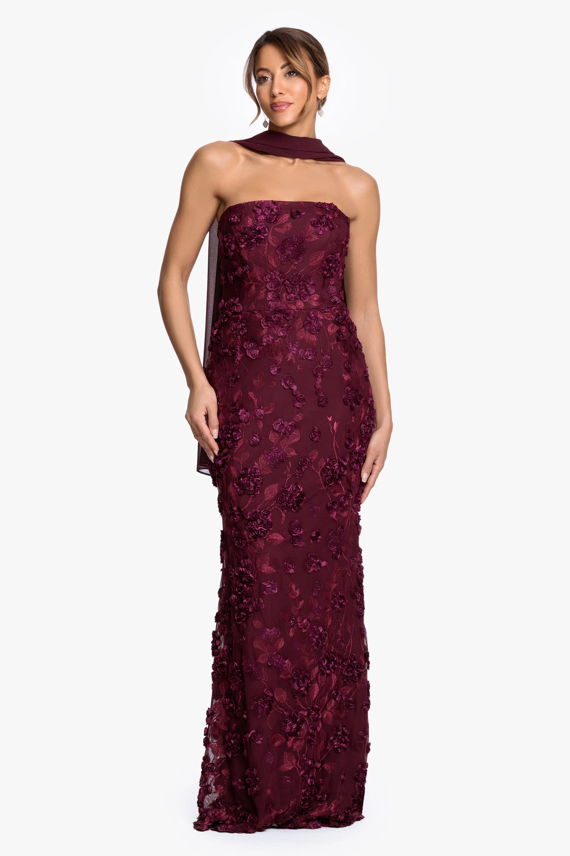 "" Soutache Mesh Strapless Dress With Chiffon Scarf Wine XSCAPE