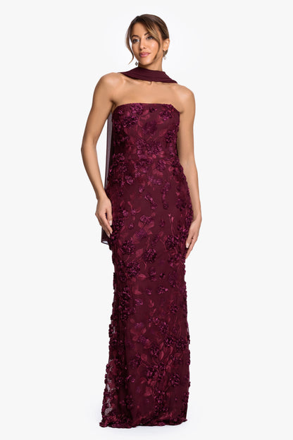 "" Soutache Mesh Strapless Dress With Chiffon Scarf Wine XSCAPE