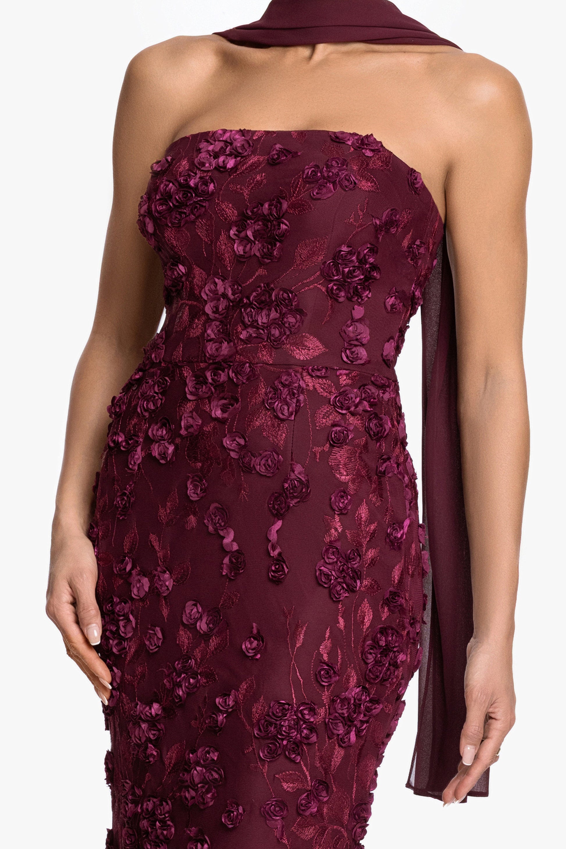 "" Soutache Mesh Strapless Dress With Chiffon Scarf Wine XSCAPE