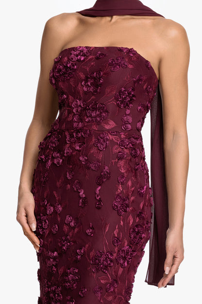 "" Soutache Mesh Strapless Dress With Chiffon Scarf Wine XSCAPE
