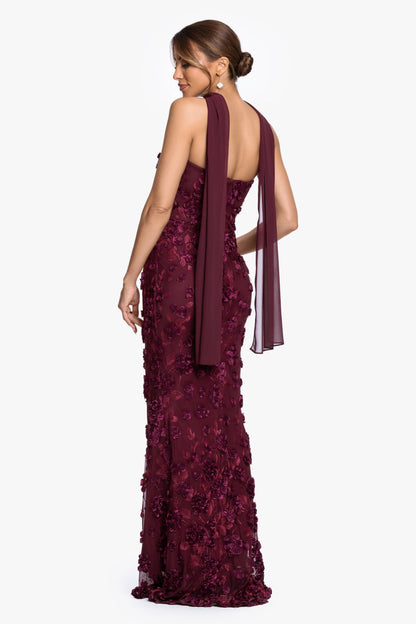 "" Soutache Mesh Strapless Dress With Chiffon Scarf Wine XSCAPE
