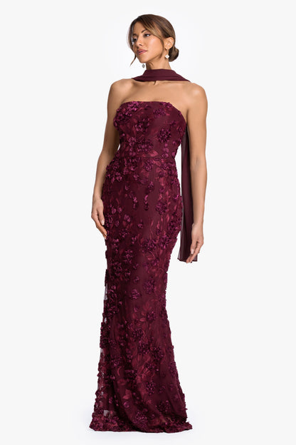 "" Soutache Mesh Strapless Dress With Chiffon Scarf Wine XSCAPE
