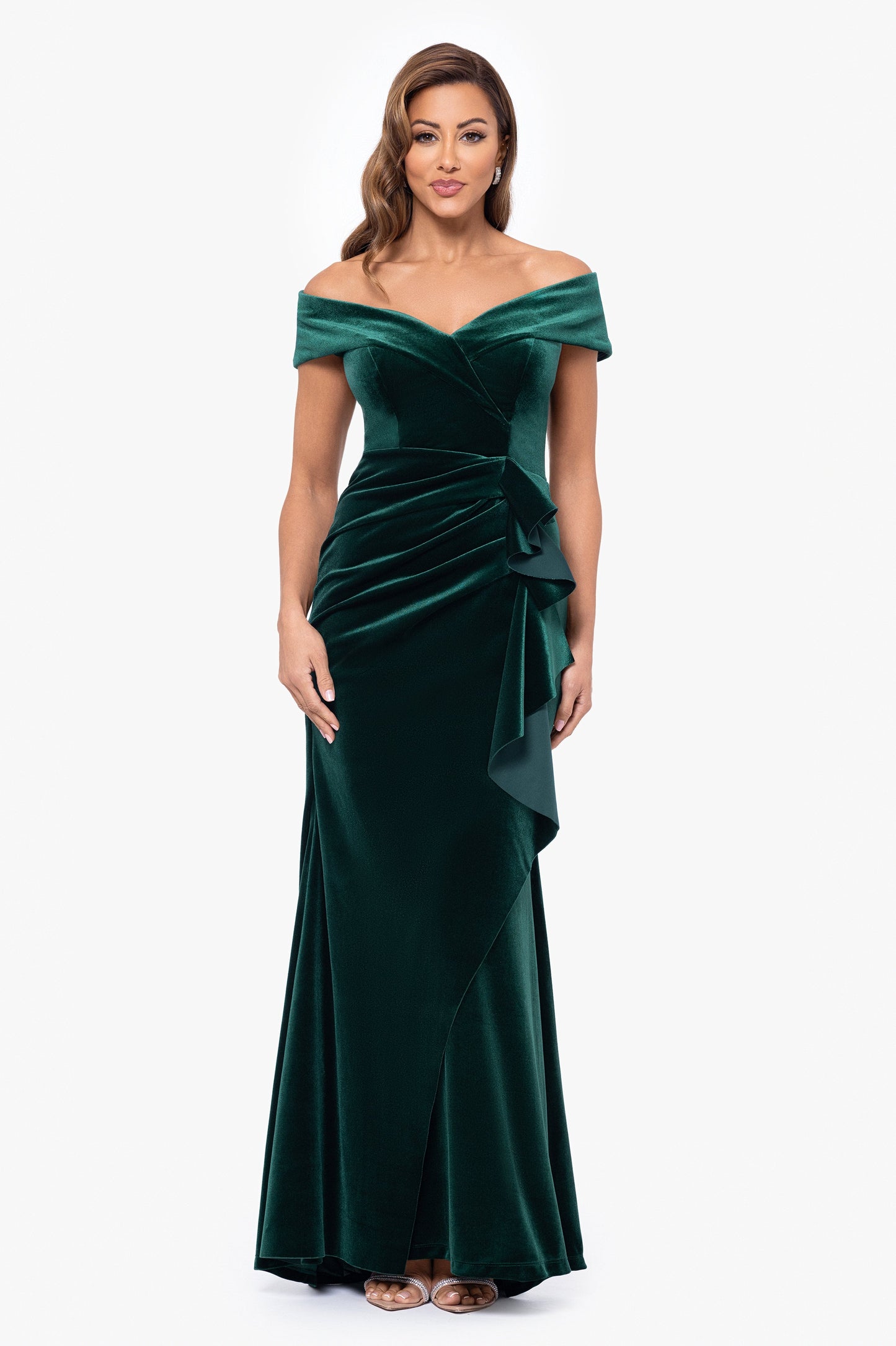 Petite "Alana" Long Off The Shoulder Velvet Ruffle Dress Hunter XSCAPE
