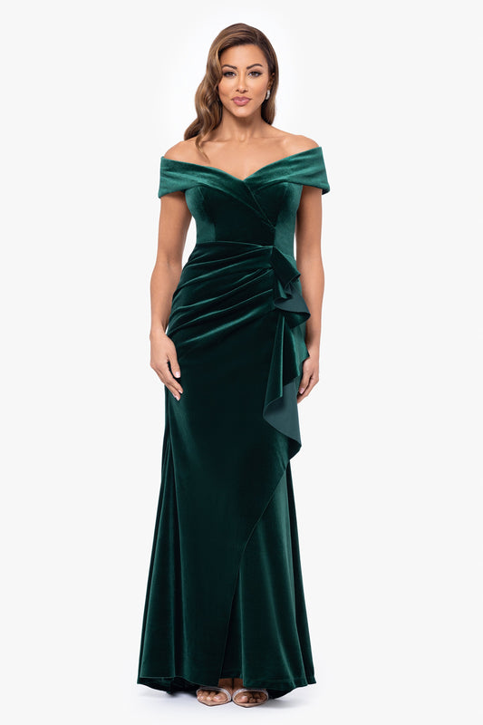 Petite "Alana" Long Off The Shoulder Velvet Ruffle Dress Hunter XSCAPE