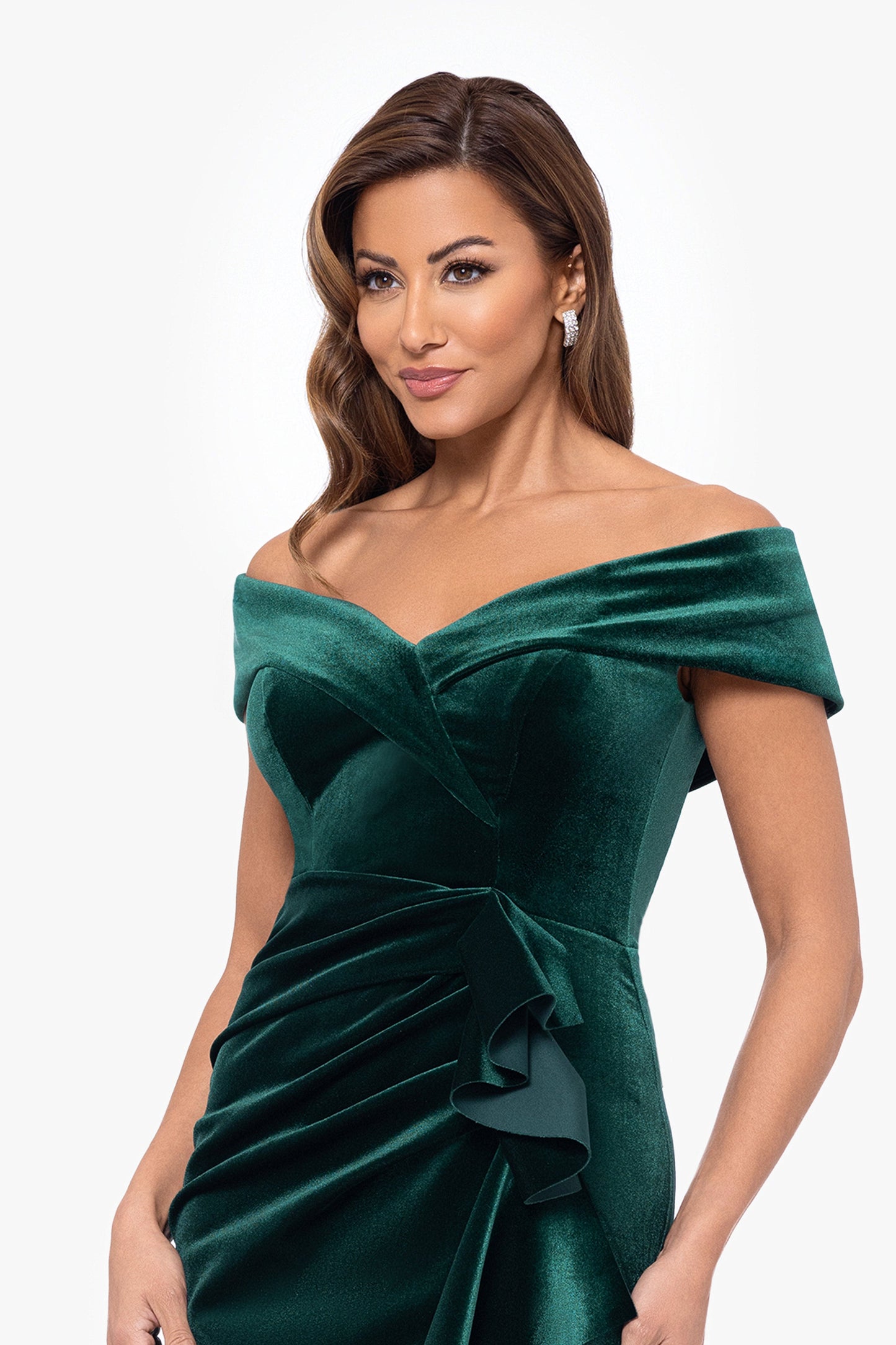 Petite "Alana" Long Off The Shoulder Velvet Ruffle Dress Hunter XSCAPE