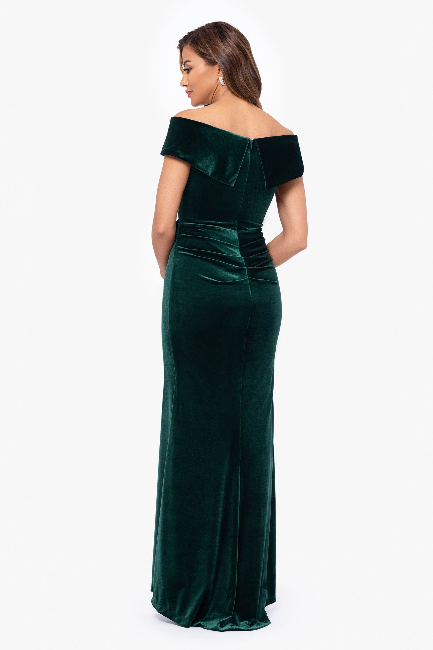 Petite "Alana" Long Off The Shoulder Velvet Ruffle Dress Hunter XSCAPE